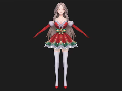Woman in Festive Christmas Dress with Red Green Patterns Long Hair and Red Shoes 3d model