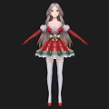 Woman in Festive Christmas Dress with Red Green Patterns Long Hair and Red Shoes