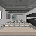 Modern Meeting Room With Arranged Tables Chairs Large Windows Natural Light And Wooden Table