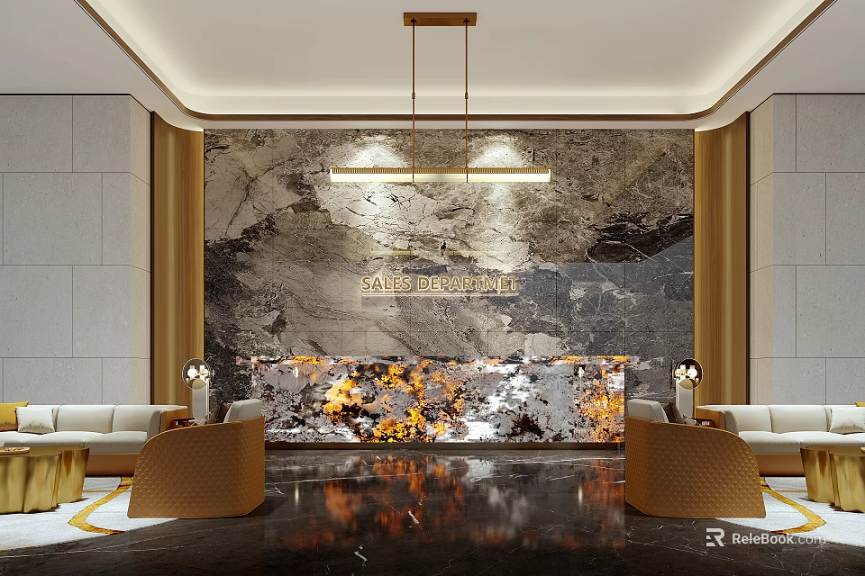 Elegant Hotel Lobby With Marble Feature Wall Modern Chandelier Reception Desk And Luxury Sofas 3d model 