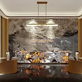 Elegant Hotel Lobby With Marble Feature Wall Modern Chandelier Reception Desk And Luxury Sofas