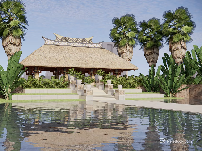 Traditional Entrance Gate With Thatched Roof Surrounded By Palm Trees And Pool Reflection 3d model 