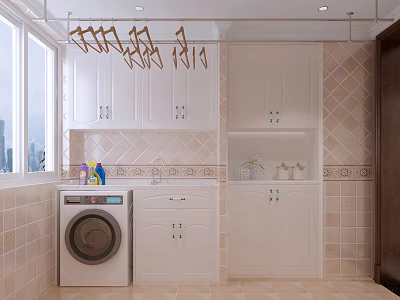 Laundry Room Interior With White Cabinets Tiled Walls Window And City View Washing Machine 3d model