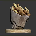 Crispy French Fries Served in Paper Bag on Wooden Board over Dark Background