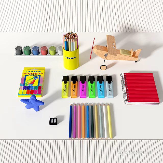 Assorted Art Supplies With Colored Pencils Markers Crayons Notebook And Eraser 3d model 