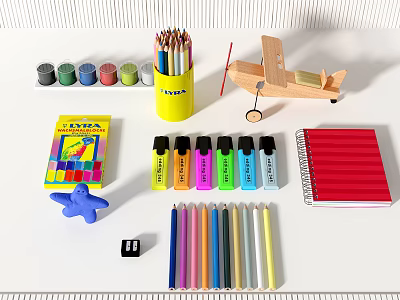 Assorted Art Supplies With Colored Pencils Markers Crayons Notebook And Eraser 3d model