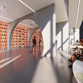 Book Art Library Interior With Arched Corridors Bookshelves And People Walking