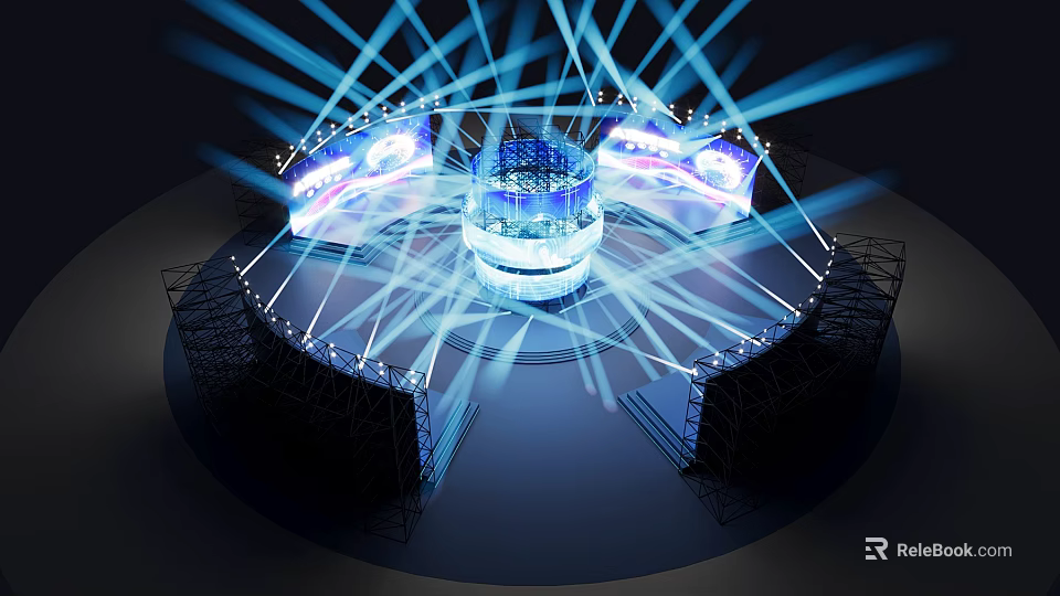Circular Stage With Blue Light Beams LED Screens And Lighting Setup For Live Show 3d model