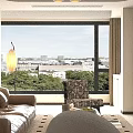 Patterned Accent Chair by Large Window with City View Curved Floor Lamp and Neutral Curtains