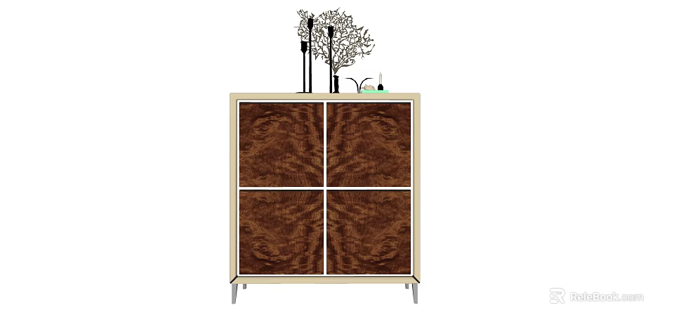 Modern Entryway Sideboard Cabinet With Wooden Doors And Decorative Ornaments On Top 3d model 
