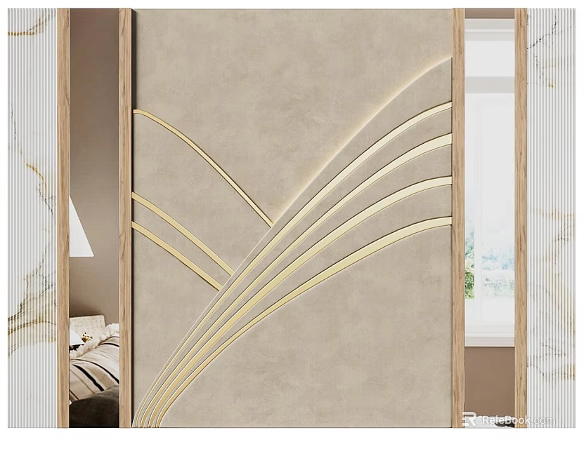 Beige Textured Bedroom Accent Wall With Gold Curved Lines And Wooden Frame 3d model 