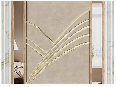 Beige Textured Bedroom Accent Wall With Gold Curved Lines And Wooden Frame 3d model