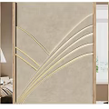 Beige Textured Bedroom Accent Wall With Gold Curved Lines And Wooden Frame