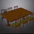 Classic Wooden Dining Table with Six Chairs Green Cushions and Silver Vases