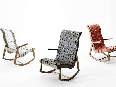 Woven Rocking Leisure Chairs with Wooden Frame in White Gray and Red Colors 3d model