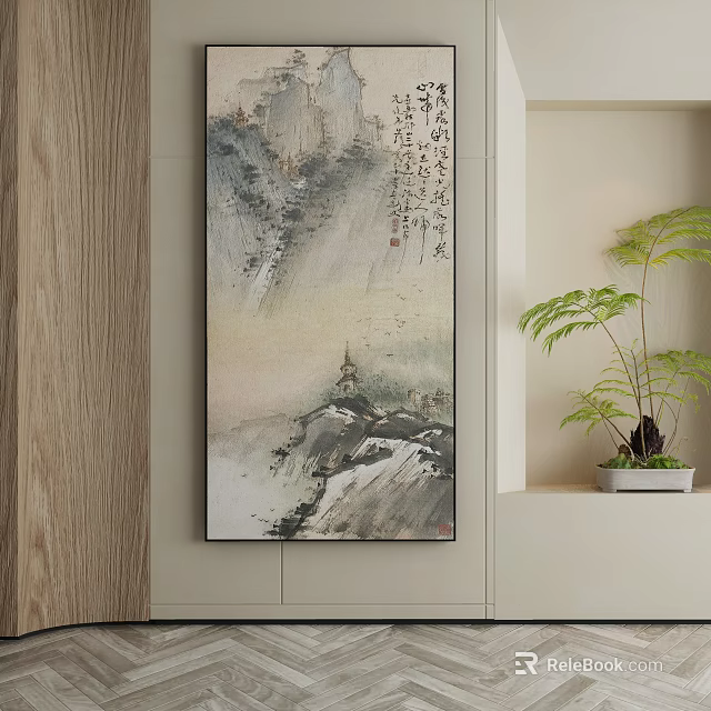 Abstract Painting Wall Decor In Modern Interior With Wooden Wall And Green Plant 3d model 