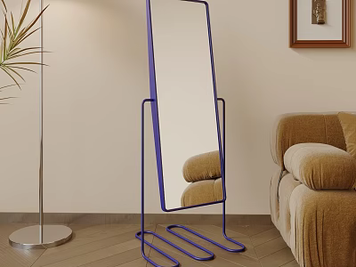 Purple Frame Mirror On Blue Stand In Living Room With Brown Sofa And Wooden Floor 3d model