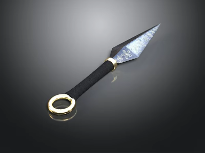 Detailed Sharp Patterned Dagger With Black Handle And Golden Ring Accent 3d model