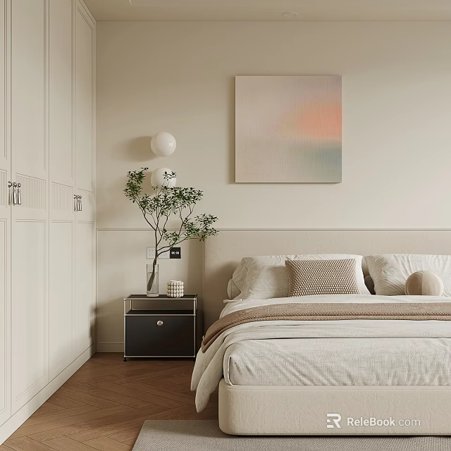 Modern Bedroom Interior Design With White Wardrobe Abstract Painting Beige Wall And Wooden Floor 3d model 