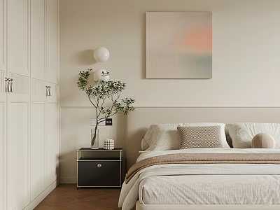 Modern Bedroom Interior Design With White Wardrobe Abstract Painting Beige Wall And Wooden Floor 3d model