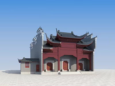 Ancient Chinese Architecture With Overhanging Eaves Red Walls Gray Tiles And Wooden Doors 3d model