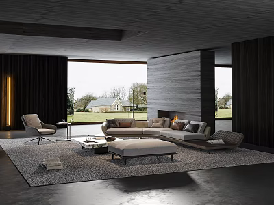 Modern Open Living Room Interior With Large Windows Dark Wooden Walls Sofa Rug And Fireplace 3d model