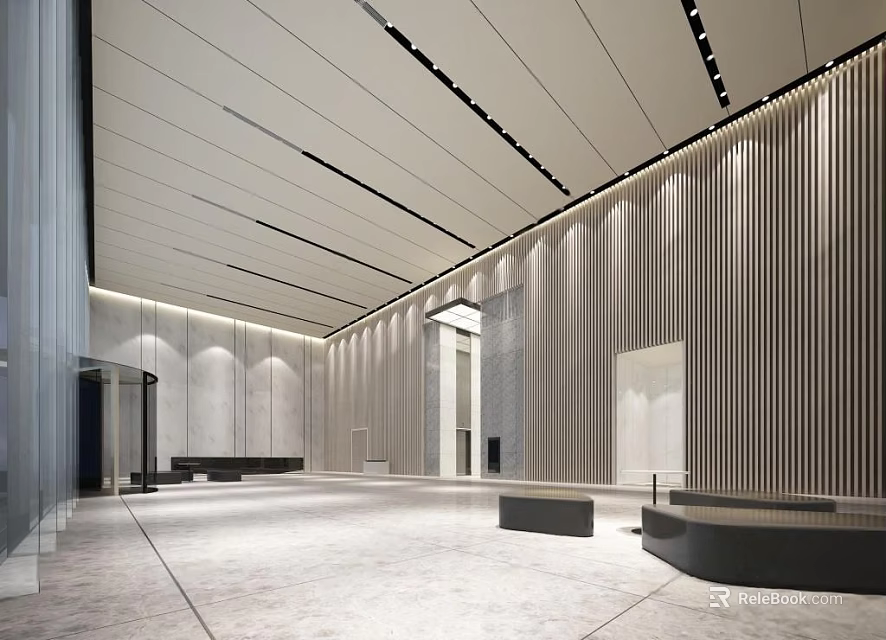 Modern Front Desk Reception Area With Wooden Slat Walls Linear Ceiling Lights And Polished Floor 3d model 