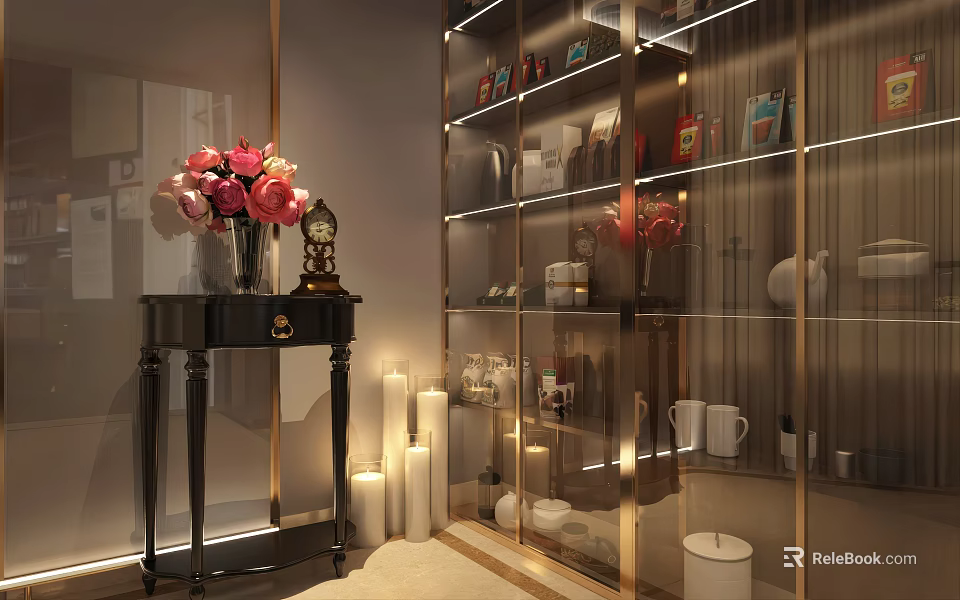 Elegant Decorative Ornament Set With Flower Vase Clock Candles And Glass Display Shelves 3d model 