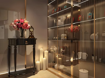 Elegant Decorative Ornament Set With Flower Vase Clock Candles And Glass Display Shelves 3d model