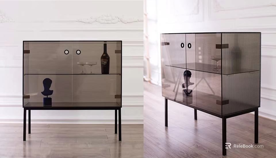 Modern Wine Cabinet Design With Glass Panels Black Metal Frame And Decorative Sculptures 3d model 