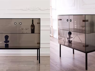 Modern Wine Cabinet Design With Glass Panels Black Metal Frame And Decorative Sculptures 3d model