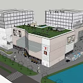 Modern Commercial Complex With Glass Curtain Walls Pedestrian Plaza And Central Fountain Design