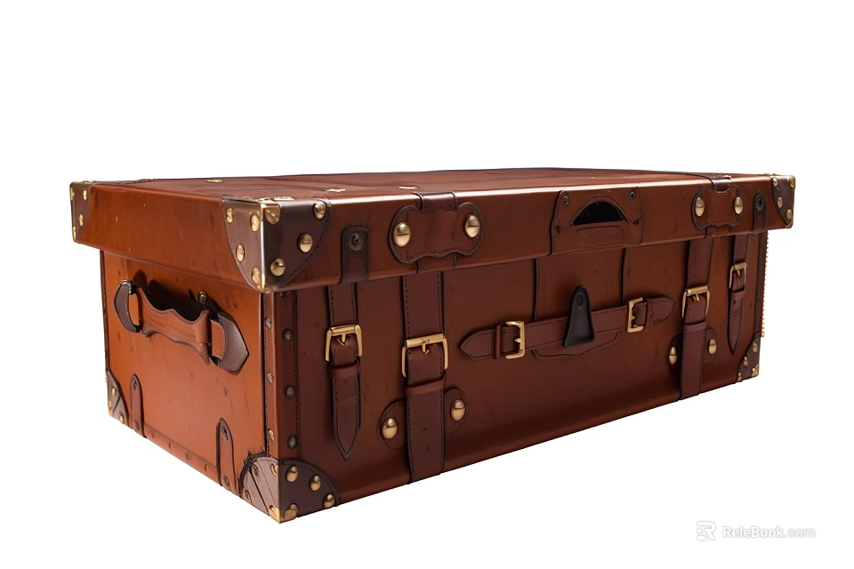Vintage Brown Leather Trunk Decorative Ornament Set with Metal Buckles and Straps 3d model 