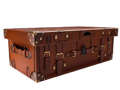 Vintage Brown Leather Trunk Decorative Ornament Set with Metal Buckles and Straps 3d model