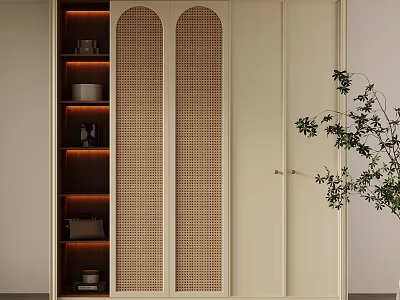 Modern Wardrobe Interior With Arched Rattan Doors And Open Shelves With Lighting 3d model