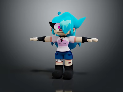 3D Game Movie Character With Teal Hair Pink Eyes White Top Blue Shorts Arms Outstretched 3d model