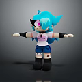 3D Game Movie Character With Teal Hair Pink Eyes White Top Blue Shorts Arms Outstretched