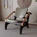 Gray Leather Leisure Chair With Wooden Armrests On Striped Rug By Wall Decor And Plant