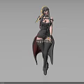 3D Female Character Model In Black Outfit With Long Hair High Heels And Cloak