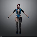 3D Female Character With Red Purple Hair Blue Black Outfit Fishnet Stockings And Blue Boots