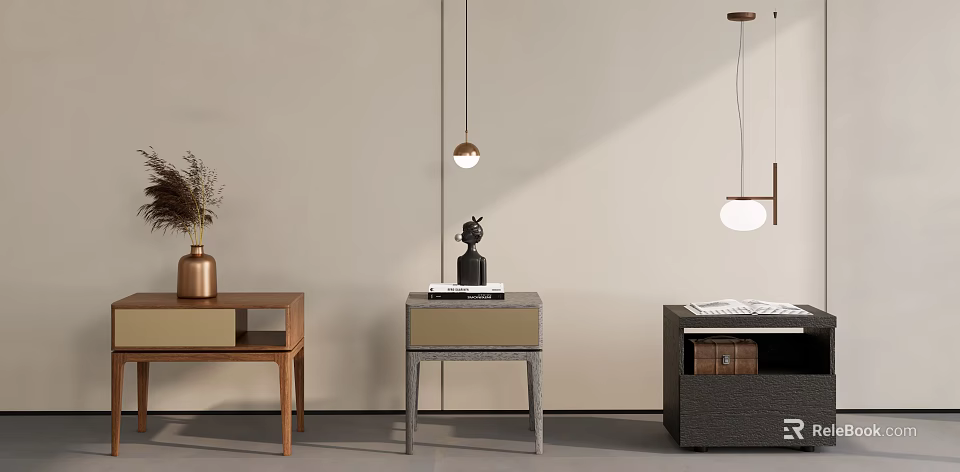 Modern Bedside Tables With Wooden Design And Decor Items Including Vase Books And Magazines 3d model 