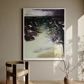Abstract Painting With Purple Green Beige Tones On Wall With Sunlight Shadows And Wooden Chair