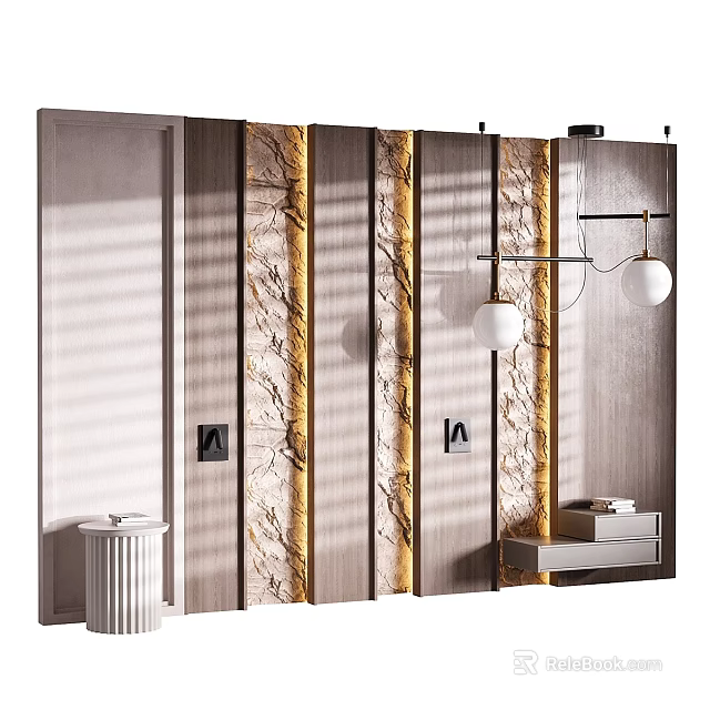 Modern Bedroom Accent Wall Design with Wood Panels Marble Texture Gold Stripes and Wall Lamps 3d model 