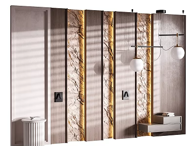 Modern Bedroom Accent Wall Design with Wood Panels Marble Texture Gold Stripes and Wall Lamps 3d model
