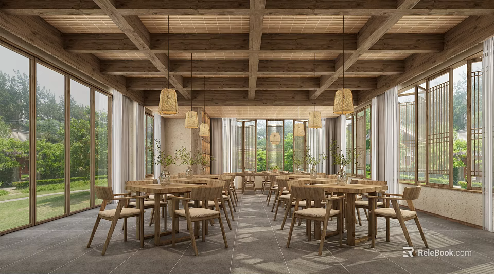 Rustic Restaurant Interior With Wooden Ceiling Hanging Lamps Large Windows And Wooden Tables Chairs 3d model 