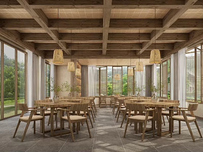 Rustic Restaurant Interior With Wooden Ceiling Hanging Lamps Large Windows And Wooden Tables Chairs 3d model