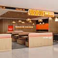Casual Dining Restaurant With Orange Signage Pendant Lights Wooden Counter And Seating Area