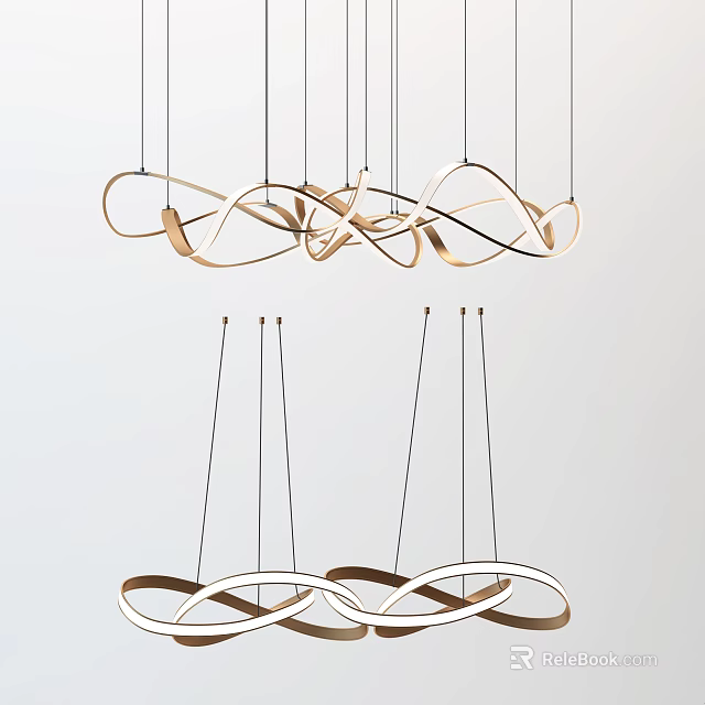 Modern Curved Brass Pendant Lights With Intertwined Loops Hanging In Interior 3d model 