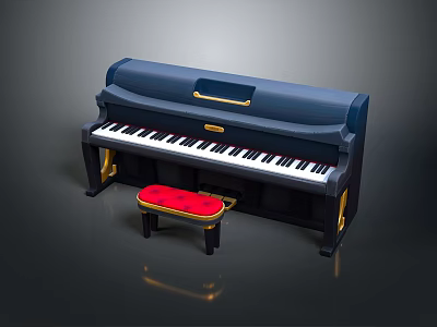 Dark Blue Upright Piano with Black White Keys Red Stool and Gold Accents 3d model