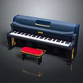 Dark Blue Upright Piano with Black White Keys Red Stool and Gold Accents